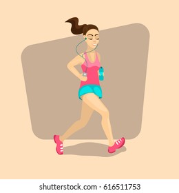 Girl running with closed eyes, enjoying jogging., Leading a healthy lifestyle. Cartoon characters vector illustration.