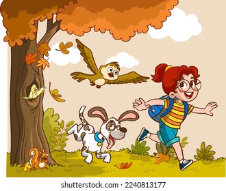 girl running from dog cartoon vector illustration