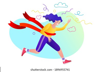 A girl running to the finish line. Finishing runner character design. Winning Champion concept - vector illustration.