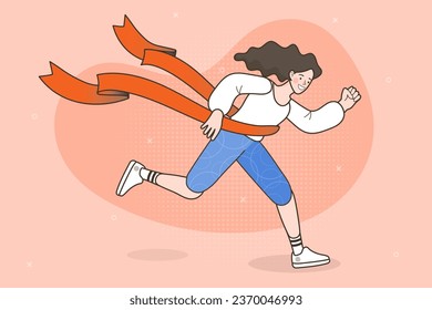 A girl running to the finish line and tearing red ribbon finishing first in a market race. Finishing runner character design. Winning Champion concept. Never Give up. vector illustration.