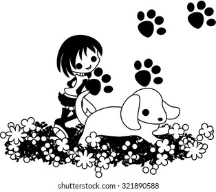 A girl is running at a flower garden with a dog.