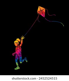A Girl Running Fly a Kite Child Playing Cartoon Graphic Vector