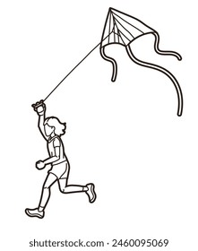A Girl Running Fly a Kite Child Playing Cartoon Sport Graphic Vector