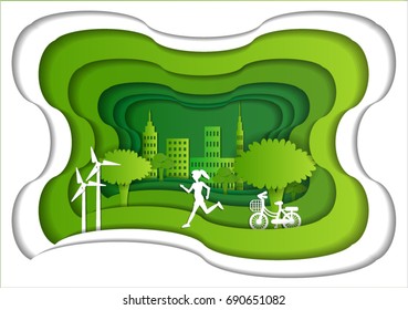 A girl is running in the green park. Paper art.