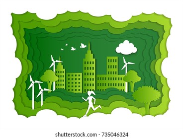 A girl is running in the green park. Paper art.