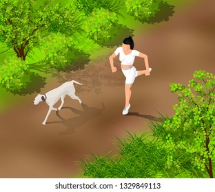 Girl running with her dog in the forest or the city park in the morning. Fitness concept vector isometric illustration. Healthy way of life. Human and animal friendship.