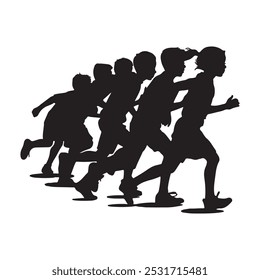  A Girl running with her friends silhouette vector illustration on white background.