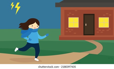 Girl Running Home During A Thunderstorm