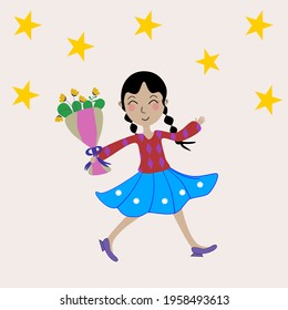 The girl running with joy  In the hand holding a bouquet of flowers  Surrounded by stars