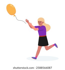 Girl running joyfully to catch a yellow balloon in a playful outdoor setting