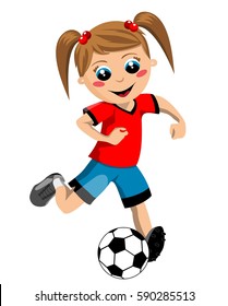 girl running and kicking football or soccer ball isolated