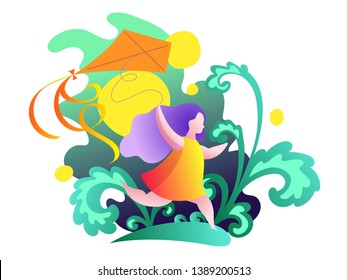 girl running with a kite, modern gradient vector illustration