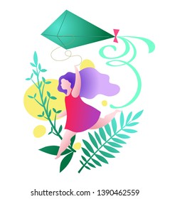 girl running with a kite, summer activities, gradient vector illustration