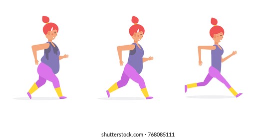 Girl running and losing weight. Vector. Cartoon. Isolated art on white background. Flat