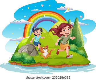 Girl running in nature background with cat illustration