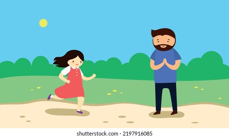 girl running near dad on the street