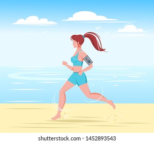 Girl running on the beach, playing sports, holder with the phone. Hair fluttering in the wind. Vector illustration in flat style.