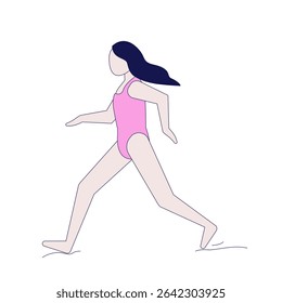 Girl running on beach in swimsuit 2D cartoon character. Active child barefoot jogging. Seaside activity. Young woman runner flat vector faceless person isolated on white. Spot illustration colorful