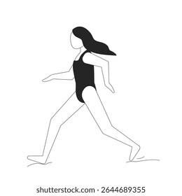 Menina correndo na praia em traje de banho 2D personagem linha. Ativa criança descalça correndo. Atividade à beira-mar. Jovem corredora isolada vetor tinta contorno pessoa sem rosto. Ilustração de ponto monocromático