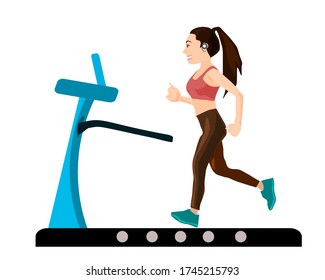 Girl running on a motorized treadmill flat vector illustration. Sports at home.Flat-style illustration.