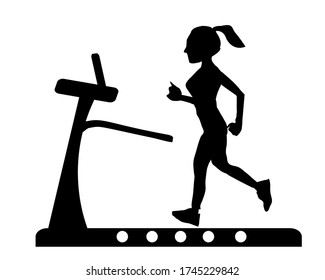 Girl running on a motorized treadmill flat vector illustration.Electric treadmill.Concept of home exercise.