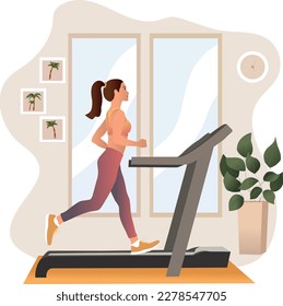 Girl running on motorized treadmill flat vector illustration. Sportive athletel on electric training machine cartoon character. Fitness club, gym tool. Sports at home.