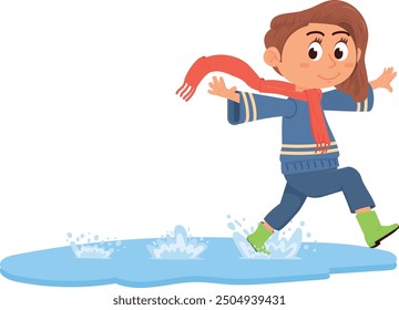 Girl running on puddles. Cartoon kid outdoor fun