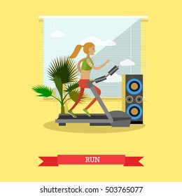 Girl running on a treadmill in fitness center. Gym and healthy lifestyle concept vector poster in flat style.