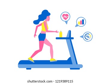Girl running on treadmill isolated. Flat vector illustration of athletic young girl in the sportswear doing exercises on the treadmill. Indoor fitness concept and fitness app isolated on white.