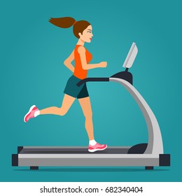 Girl Running On Treadmill Isolated. Vector Flat Style  Illustration.