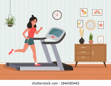 Girl running on treadmill in the living room. Vector flat cartoon style  illustration.