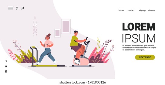girl running on treadmill man riding stationary bike couple having workout cardio fitness training healthy lifestyle home sport concept horizontal copy space full length vector illustration