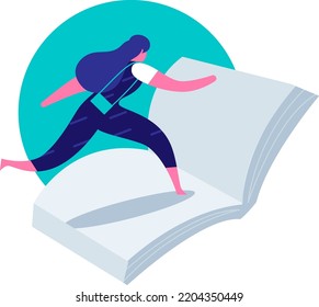 A girl running on white pagines of the book