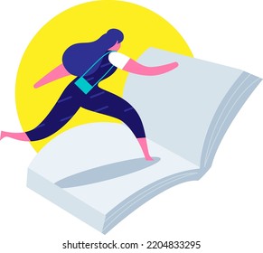 A girl running on white pagines of the book