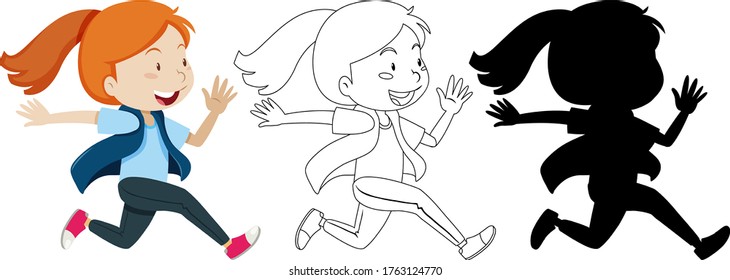 Girl running with its outline and silhouette illustration
