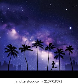 Girl Running In Park. Female Runner At Night. Milky Way At Starry Sky