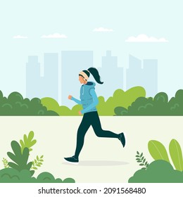 Girl running in park illustration Healthy Lifestyle. Happy woman. Sporty Characters for training, cardio exercising, marathon, city run, summer outdoor. Vector flat cartoon illustration.