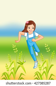 Girl running in the park on sunny summer day in casual clothes. Summer kids vector and playing happy summer kids. Summer kids fun joy childhood leisure.