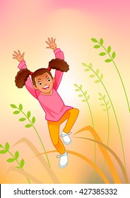 Girl running in the park on sunny summer day in casual clothes. Summer kids vector and playing happy summer kids. Summer kids fun joy childhood leisure.