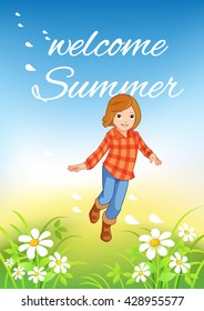 Girl running in the park on sunny summer day in casual clothes. Summer kids vector and playing happy summer kids. Summer kids fun joy childhood leisure.