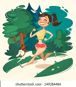 Girl is running in park. Vector illustration.