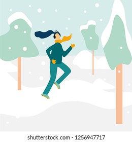 Girl running in the park in winter time, Healthy lifestyle all year round