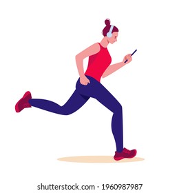 Girl running with phone and headphones. Vector illustration in flat cartoon style. Isolated on a white background.