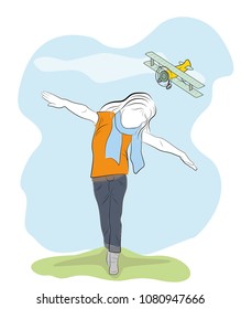 the girl is running a picture of an airplane. vector illustration.