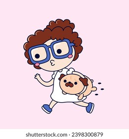 Girl running with pug dog in hands. Flat vector illustration design