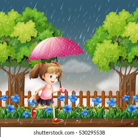 Girl running in the rain illustration