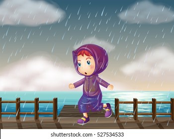 Niña corriendo bajo lluvia en la ilustración del muelle