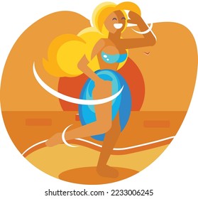 Niña está corriendo y poniendo sol, iluminación vectorial.