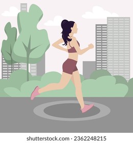 Girl Running in a Summer Park.Outdoor running. Active Lifestyle Concept in Vector Art illustration.Flat cartoon vector illustration.Park activities.Young woman runs in the city park.