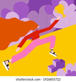A girl running towards a golden prize in a forest, vector character 